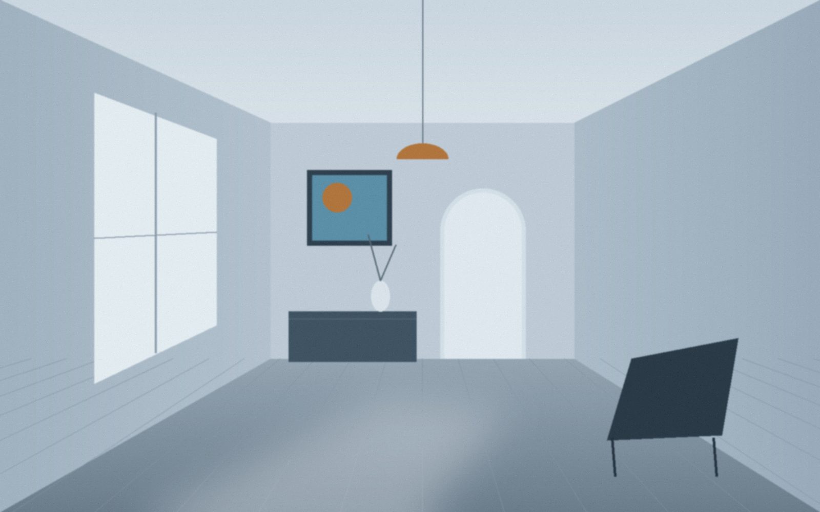 Cool-toned apartment interior with a tall window, an arched doorway and a low sideboard